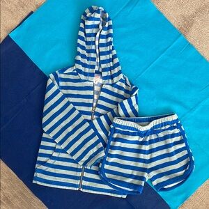 Boys Hanna Anderson Blue and Blue Grey Striped Terry Cloth Hoodie and Shorts Set